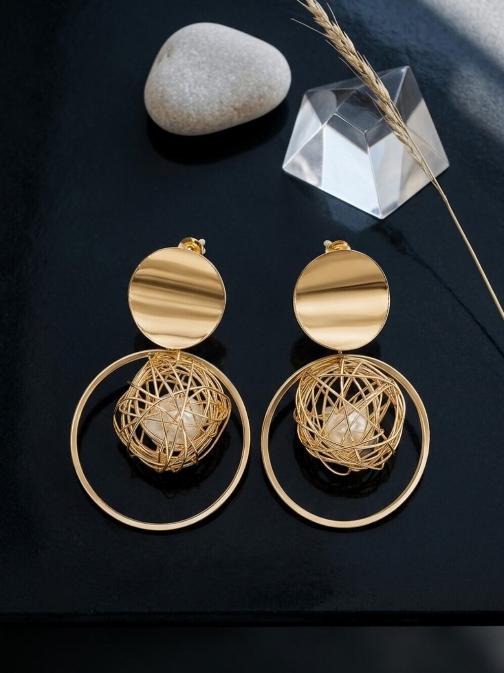Gold Statement Earrings Wire Nest Ball Faux Pearl Geometric Circle Drop 2"